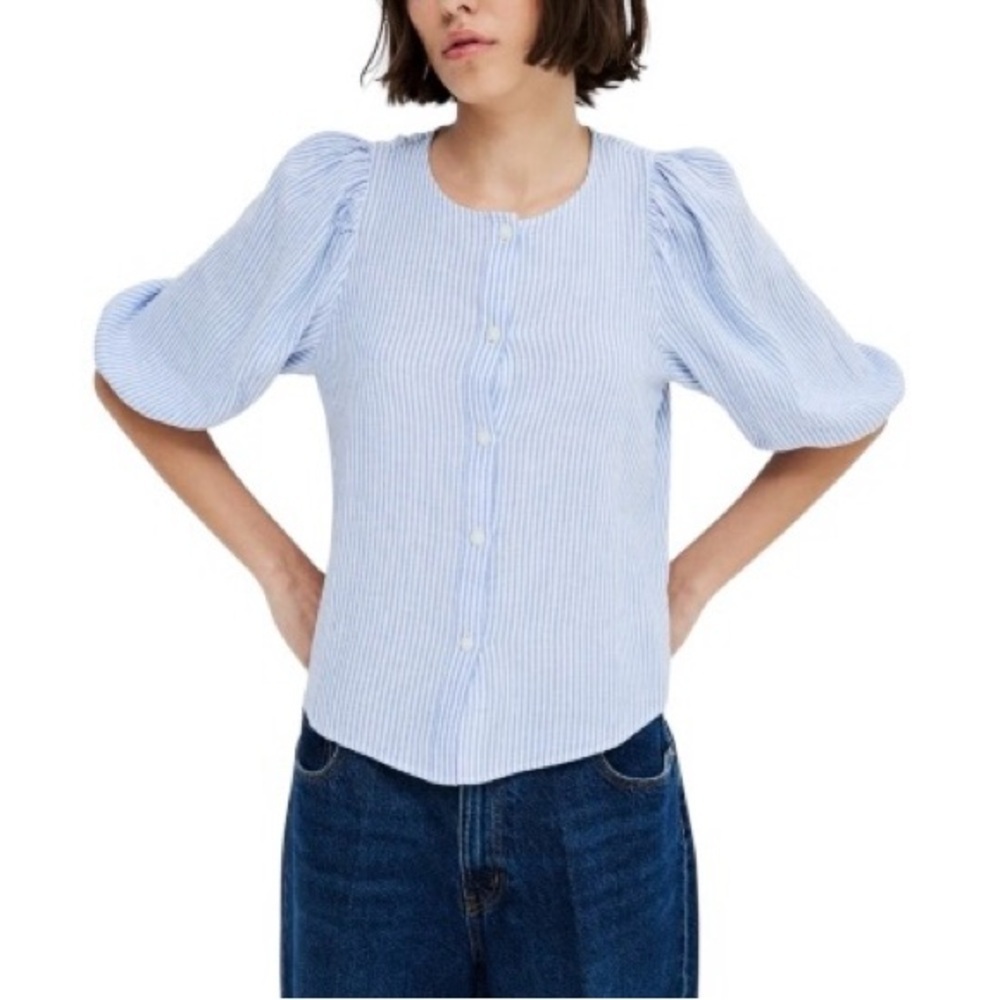 H & M Linen Blend Premium Selection Blue Striped Puff Sleeve Blouse NWT S
